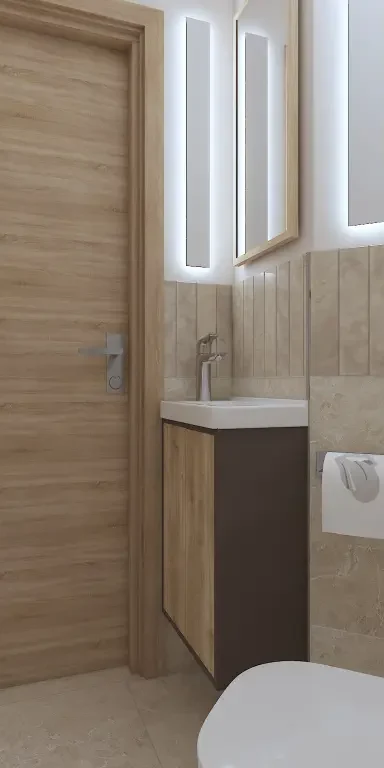 WC helyiség LED világítással, halszálka mintás és nagy méretű kő mintás csempe burkolattal - Társaházi lakás felújítása Budapest XII. kerületében